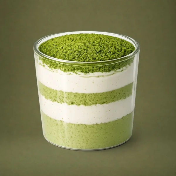 Layered matcha tiramisu in a cup