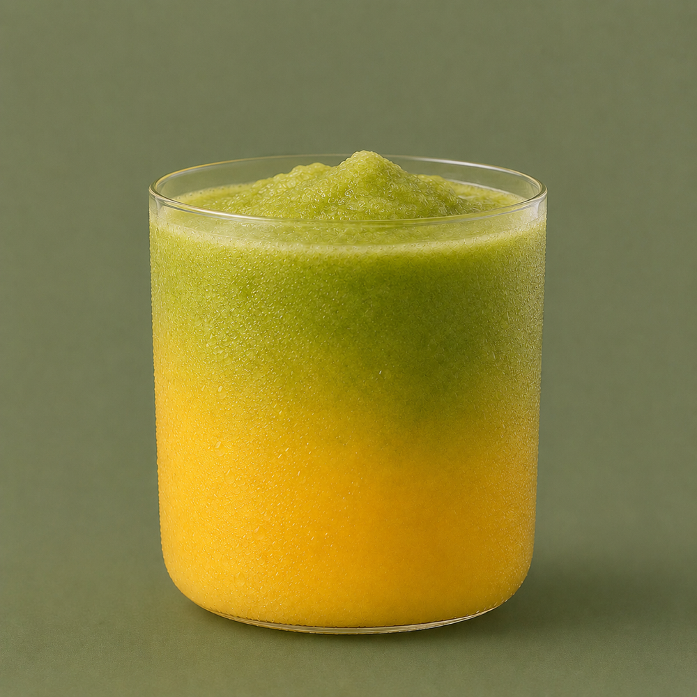 Iced mango matcha latte, green over gold