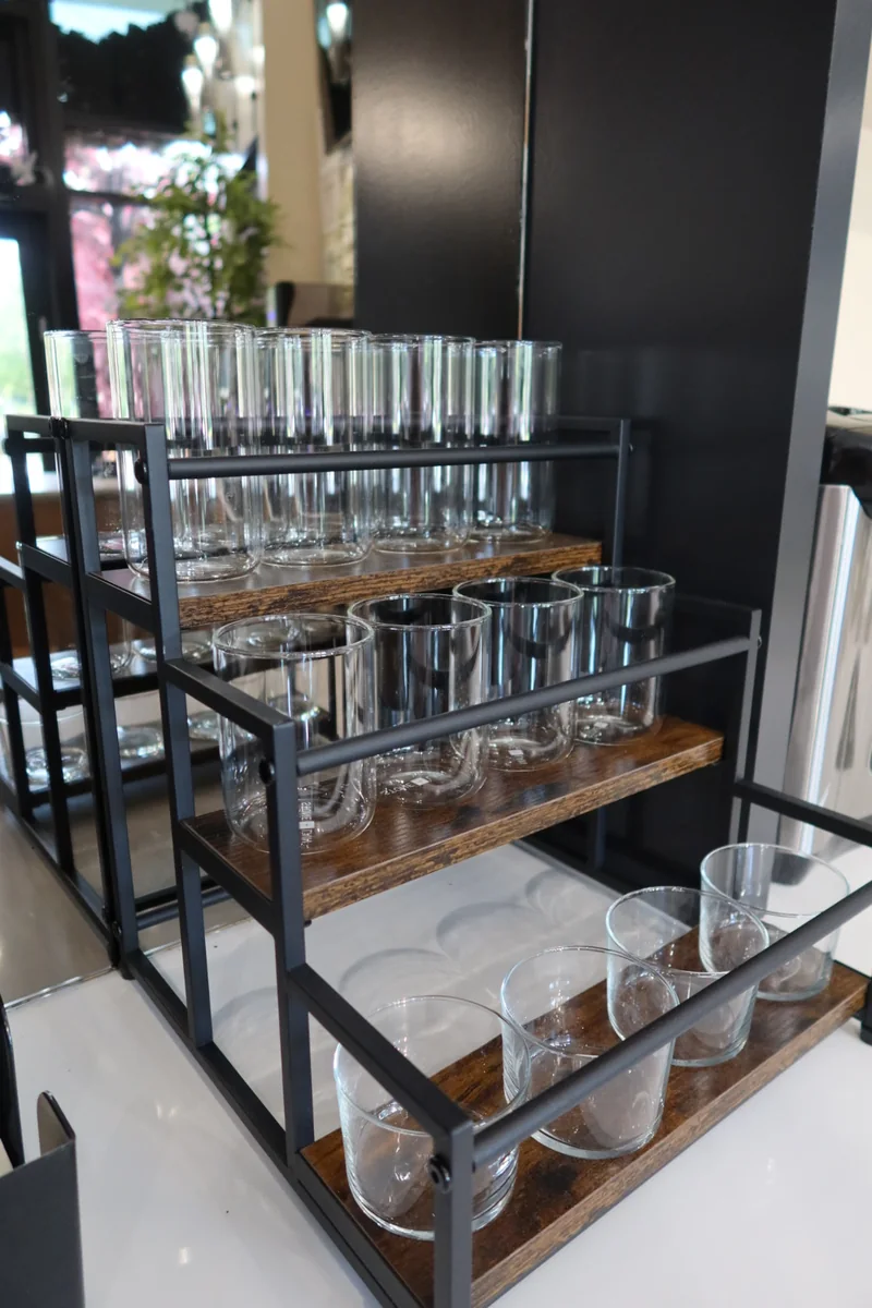 Rows of glassware ready for iced drinks